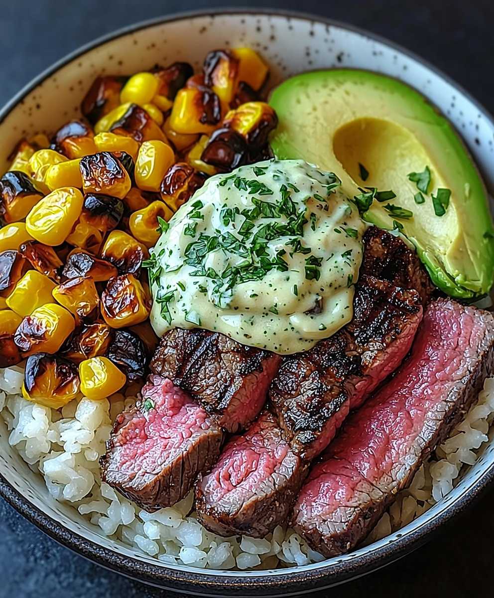 Steak avocado corn bowl