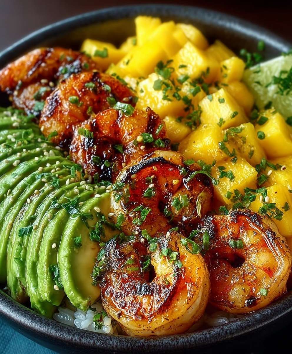 Shrimp avocado mango bowls