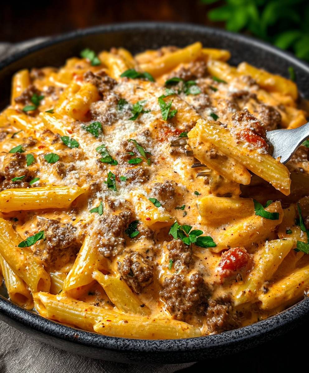 High protein creamy beef pasta